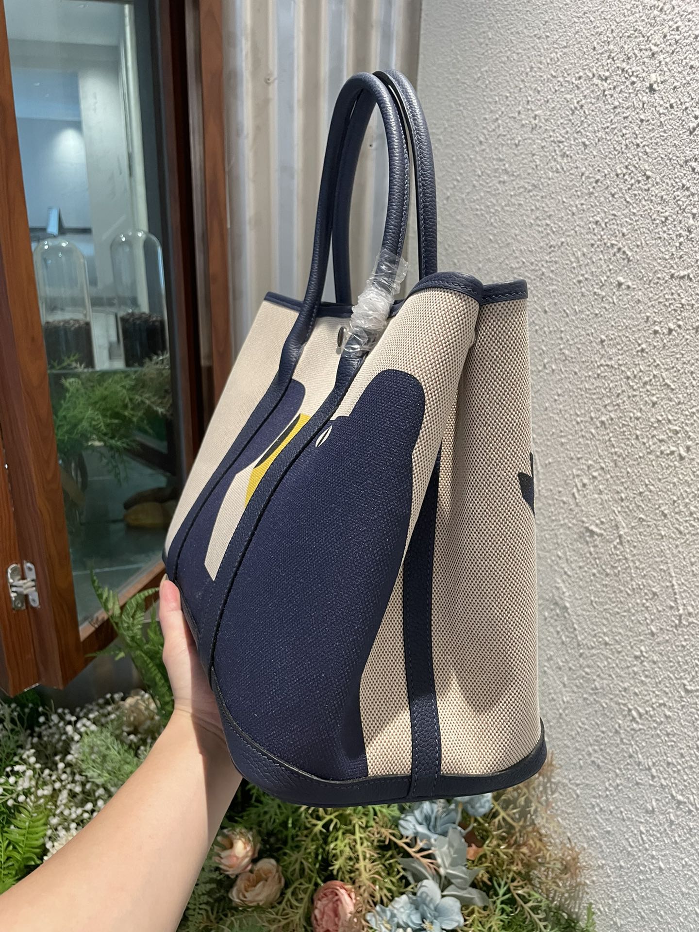 Hermes Garden Party 36cm Canvas Tote Handbag In Dark Blue Clemence Leather